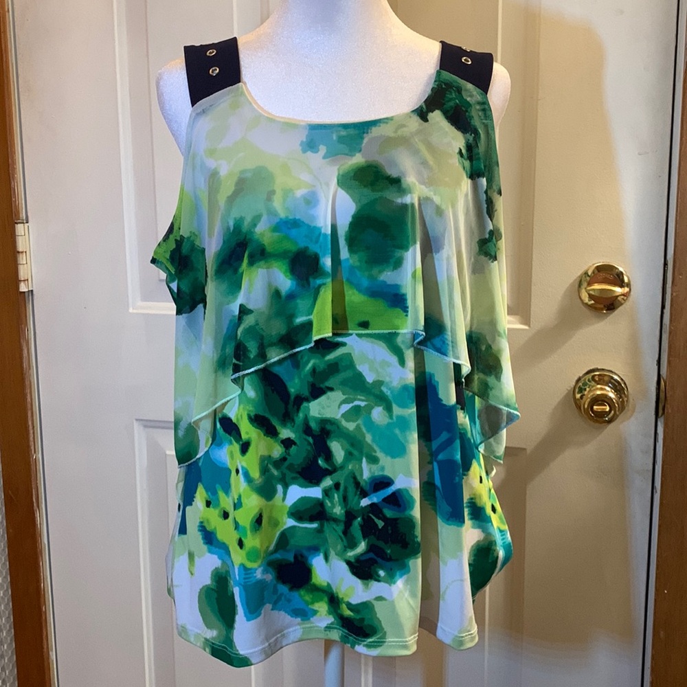 Women’s Susan Lawrence Tank Top Green Blue & White Pattern, Size M